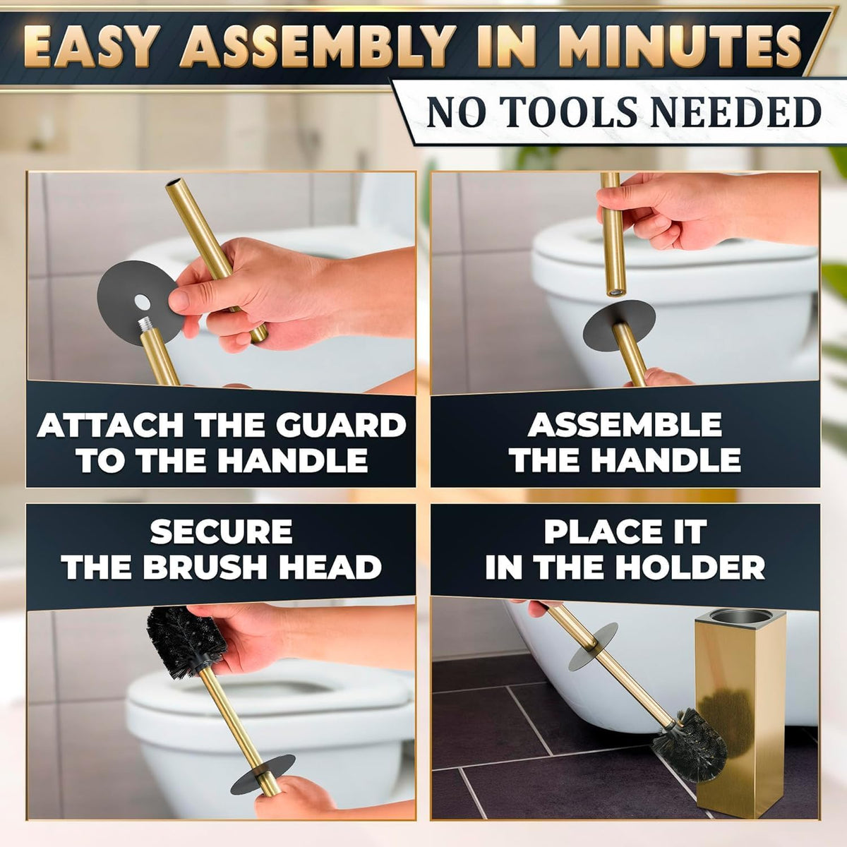 Gold Toilet Brush and Holder Set, Freestanding (Square Shape)