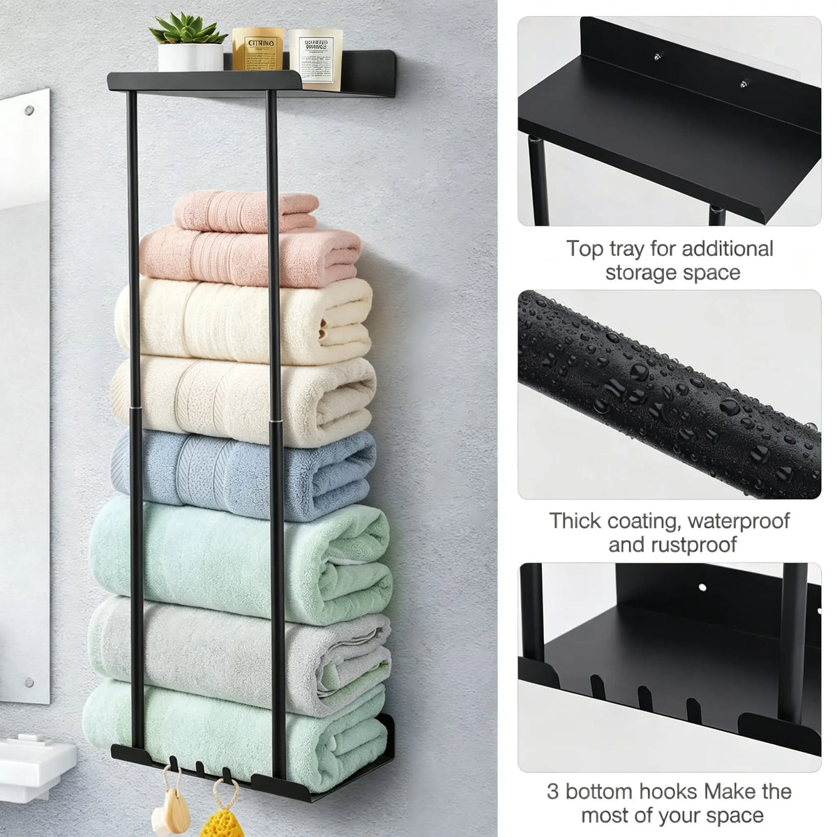Bathroom Towel Storage Rack Wall Mounted 30 inch with Shelf Holds 6 Large Towels Black Rust Proof Durable Metal Pole for Spas Salons and Bathrooms,sohochic