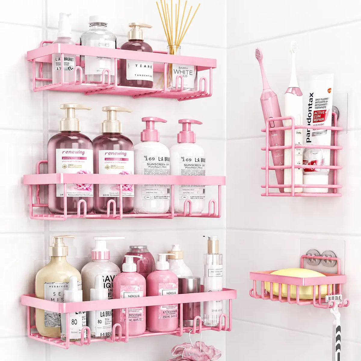 Sohochic Blush Pink 5-Piece Self-Adhesive Rust-Resistant Stainless Steel Shower Organizer Set - No-Drilling Bathroom Storage Rack for Renters, Halloween-Ready, Easy Installation with Shampoo & Body Wash Basket