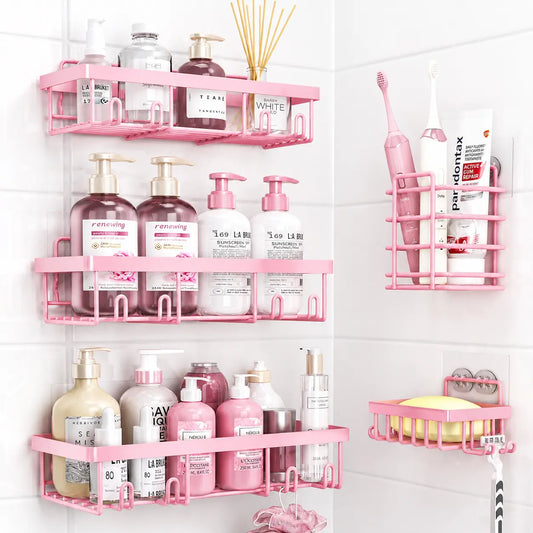 Sohochic Blush Pink 5-Piece Self-Adhesive Rust-Resistant Stainless Steel Shower Organizer Set - No-Drilling Bathroom Storage Rack for Renters, Halloween-Ready, Easy Installation with Shampoo & Body Wash Basket