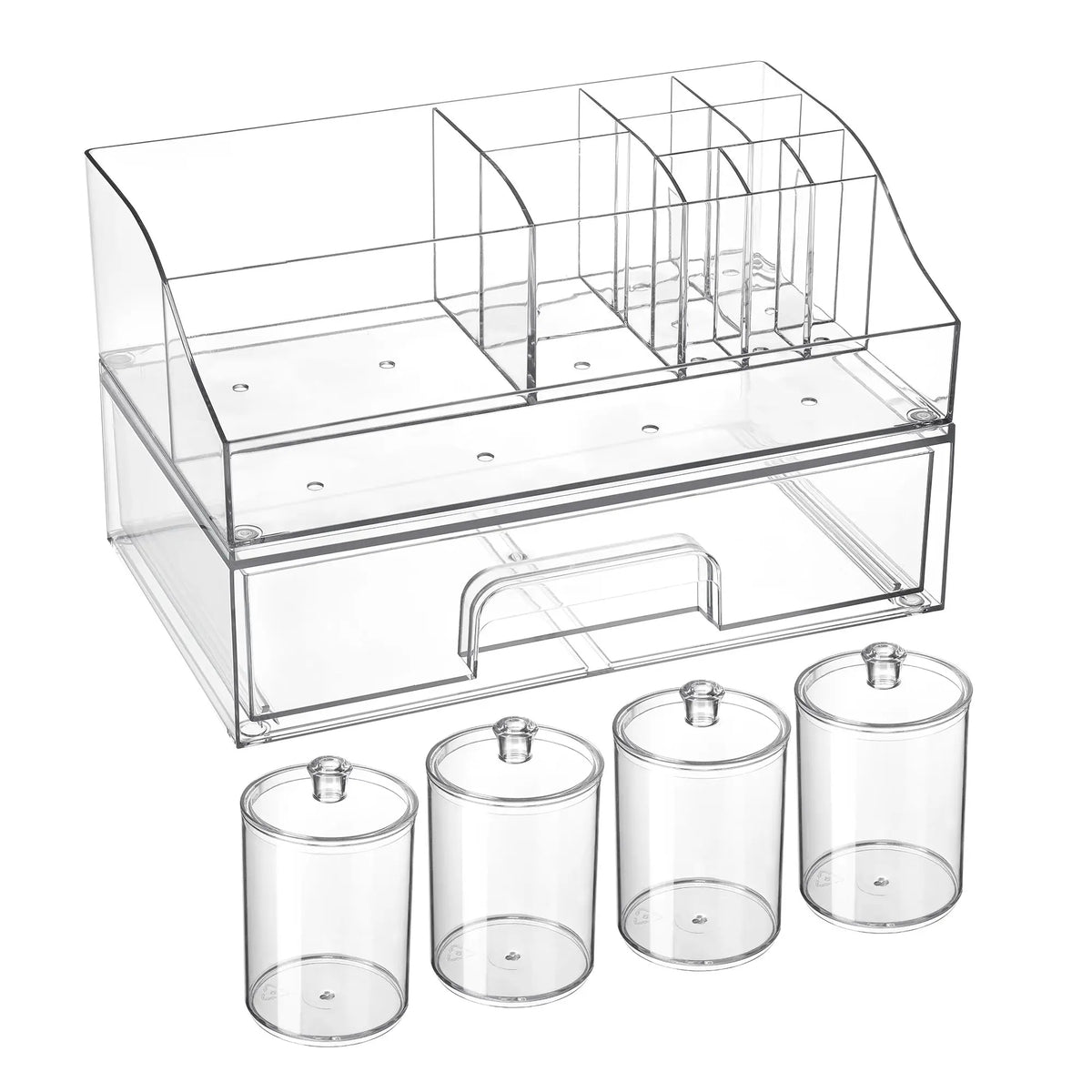 Vtopmart 6PCS Modern Bathroom Vanity Storage Containers - 1 Divided Tray, 4 Qtip Jars, 1 Drawer - Family-Friendly Organizer for Toothbrush, Cotton Pads, Accessories