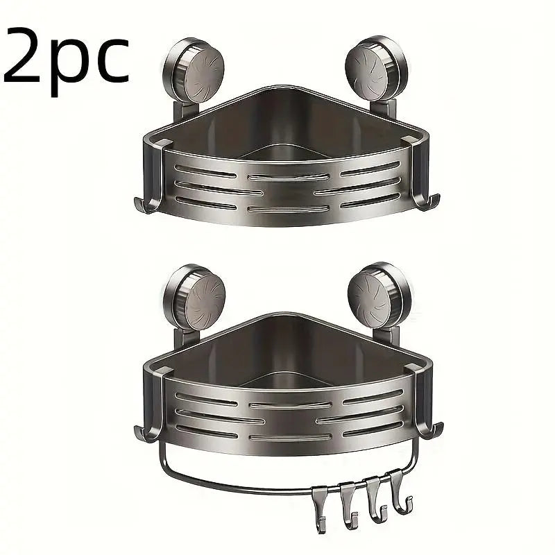 2-Piece Suction-Cup Triangle Wall-Mounted Bathroom Corner Rack, No-Drill Plastic Storage Organizer Set for Washbasin & Toilet
