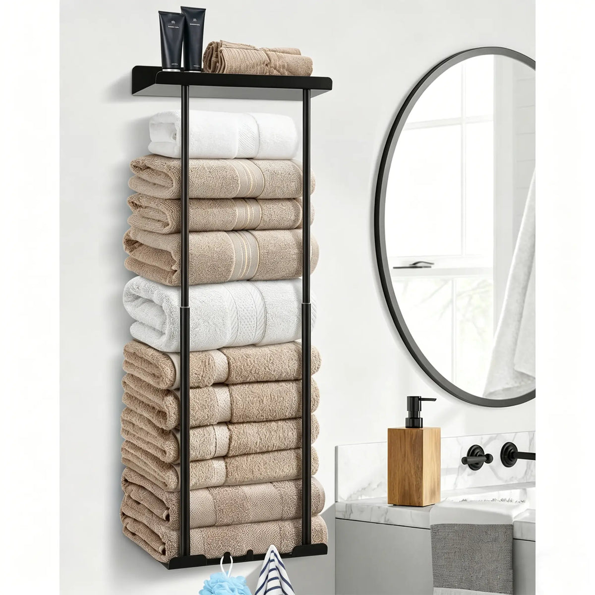 Bathroom Towel Storage Rack Wall Mounted 30 inch with Shelf Holds 6 Large Towels Black Rust Proof Durable Metal Pole for Spas Salons and Bathrooms,sohochic