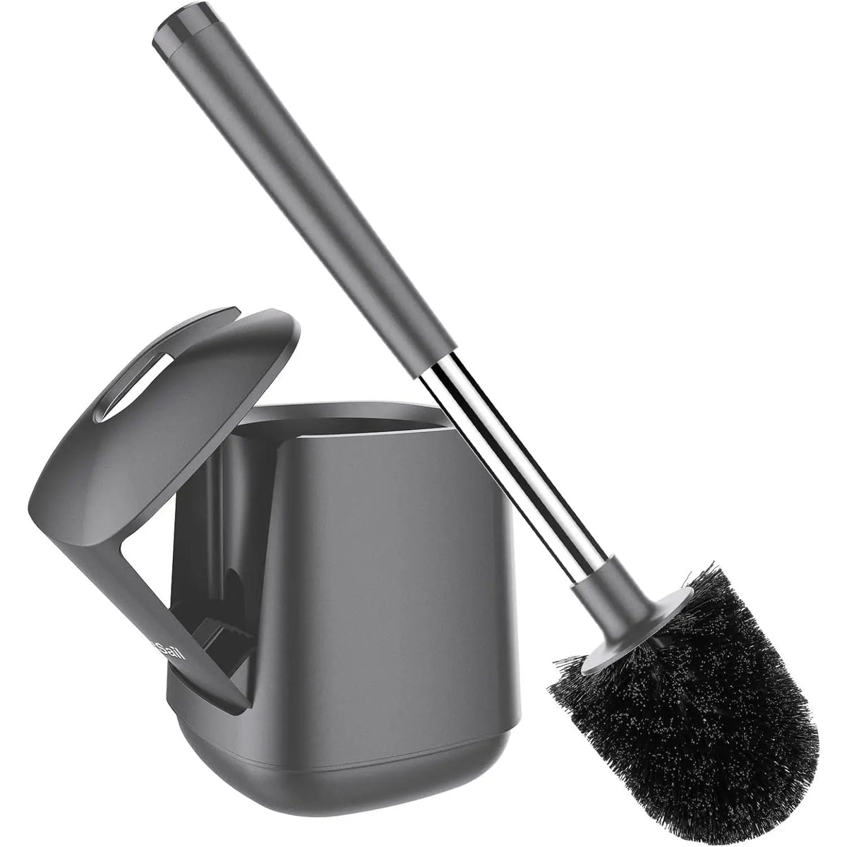 Toilet Brush and Holder, Self Closing Lid Toilet Bowl Brushes Holder and Extra Long Handle Ventilated Toilet Brush Set for Bathroom Cleaning, Nylon Bristles, White & Grey