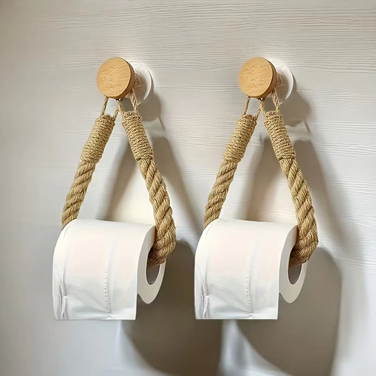 2 Sets Vintage Hand-Woven Bathroom Storage Lanyard - Self-Adhesive Toilet Paper & Towel Holder, Rustic Rope Organizer for Bathroom Decor Supplies, No Tools Needed, Decorative Wall Hanging | Natural Materials, Bathroom Accessories