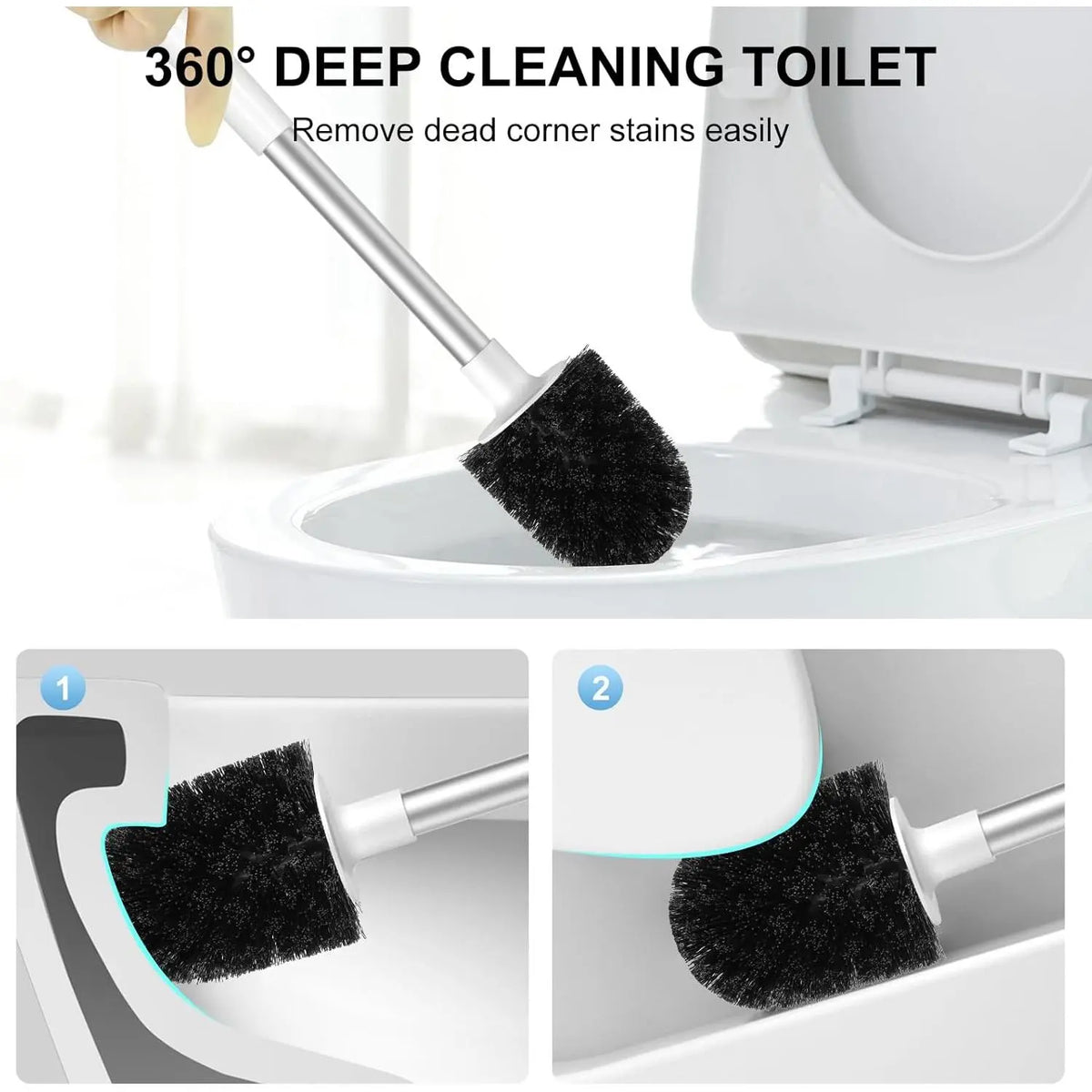 Toilet Brush and Holder, Self Closing Lid Toilet Bowl Brushes Holder and Extra Long Handle Ventilated Toilet Brush Set for Bathroom Cleaning, Nylon Bristles, White & Grey