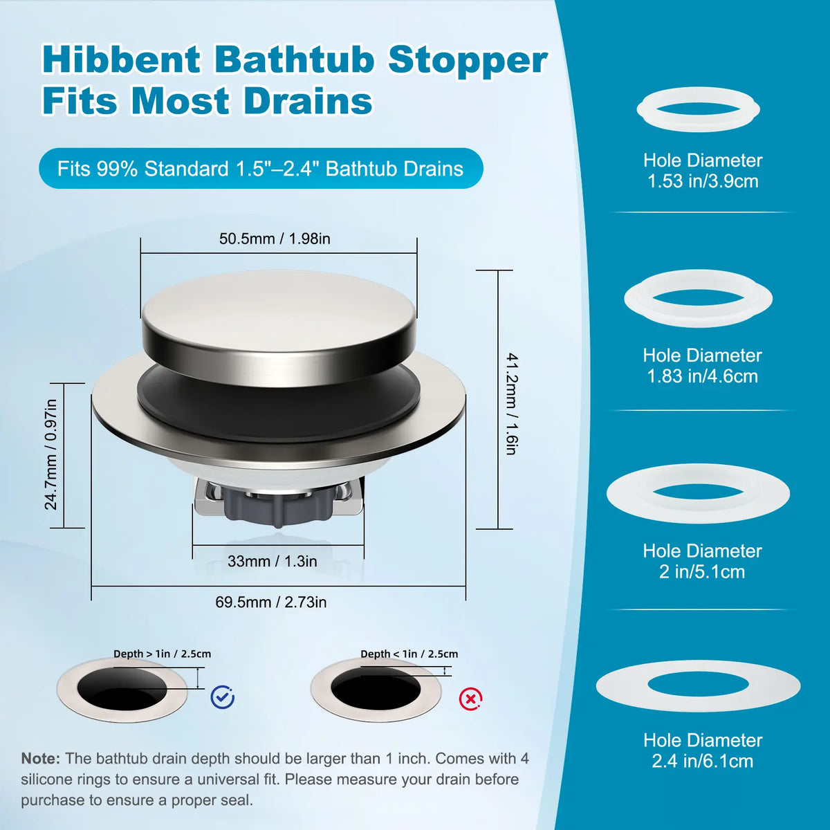 Hibbent Stainless Steel Pop-up Drain Stopper - Hair Catcher with Strainer, Bathroom Bathtub Plug, Protector for 1.5''-2.4'' Drain Holes