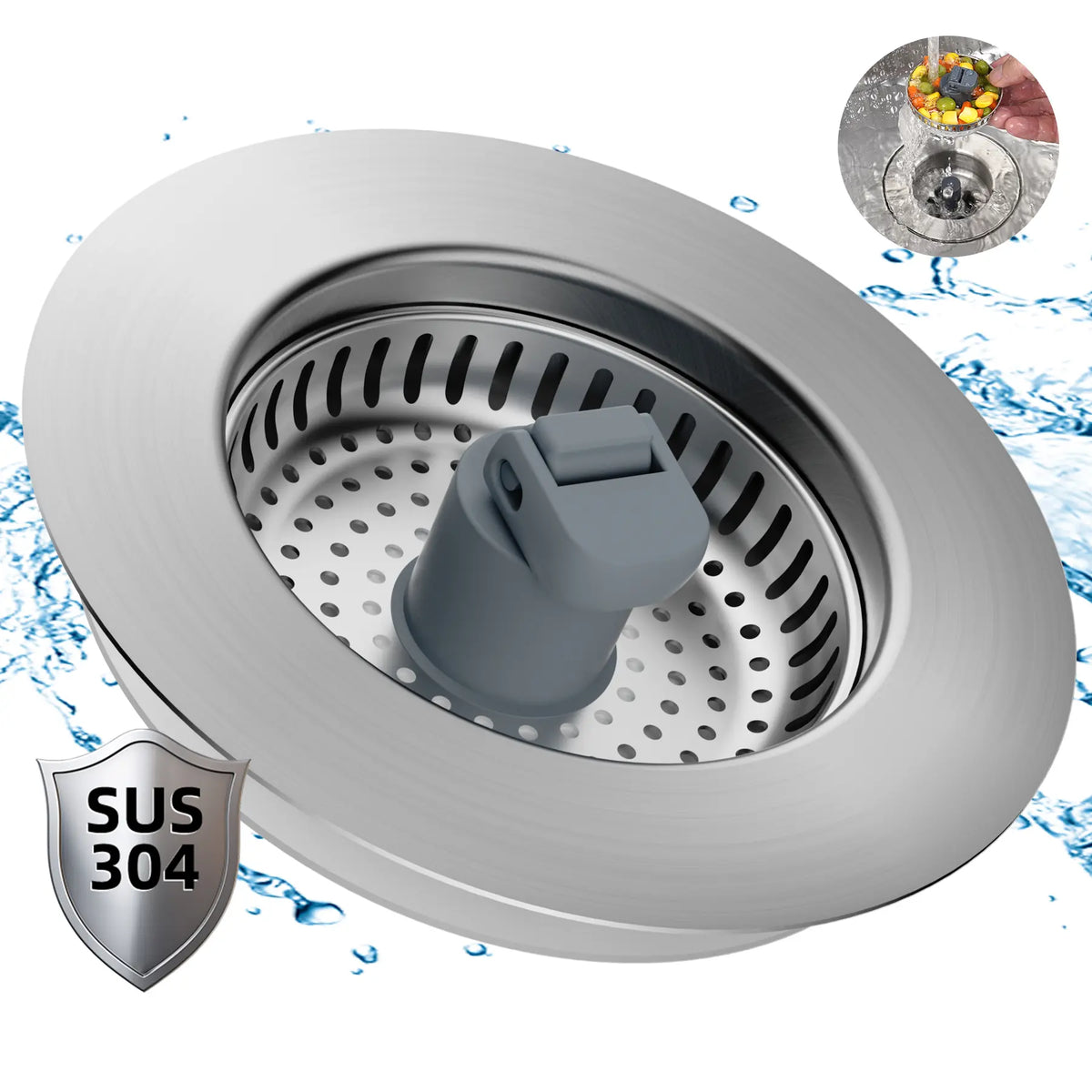 Hibbent 3-in-1: Fill, Strain, Seal Rust-Resist 304 Stainless Steel Kitchen Sink Strainer Stopper Combo - Responsive Spring Action, Pop-Up Handle, 2.76"-3.38" Width, Depth＞1.8", Anti-Clogging Filter for US Standard 3-1/2" Drains Kitchen Fixture Accessory