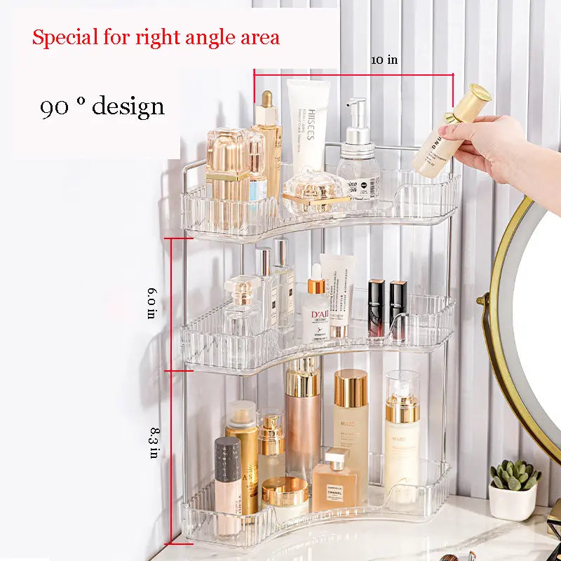 3-Tier Plastic-Metal Corner Bathroom Counter Organizer - Bathroom Organizing Accessories for Vanity, Kitchen Spice Storage, Cosmetics, with Quick Access Shelves & Easy Smooth Dry Cloth Wipe Cleaning