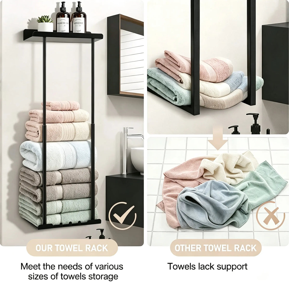 Bathroom Towel Storage Rack Wall Mounted 30 inch with Shelf Holds 6 Large Towels Black Rust Proof Durable Metal Pole for Spas Salons and Bathrooms,sohochic