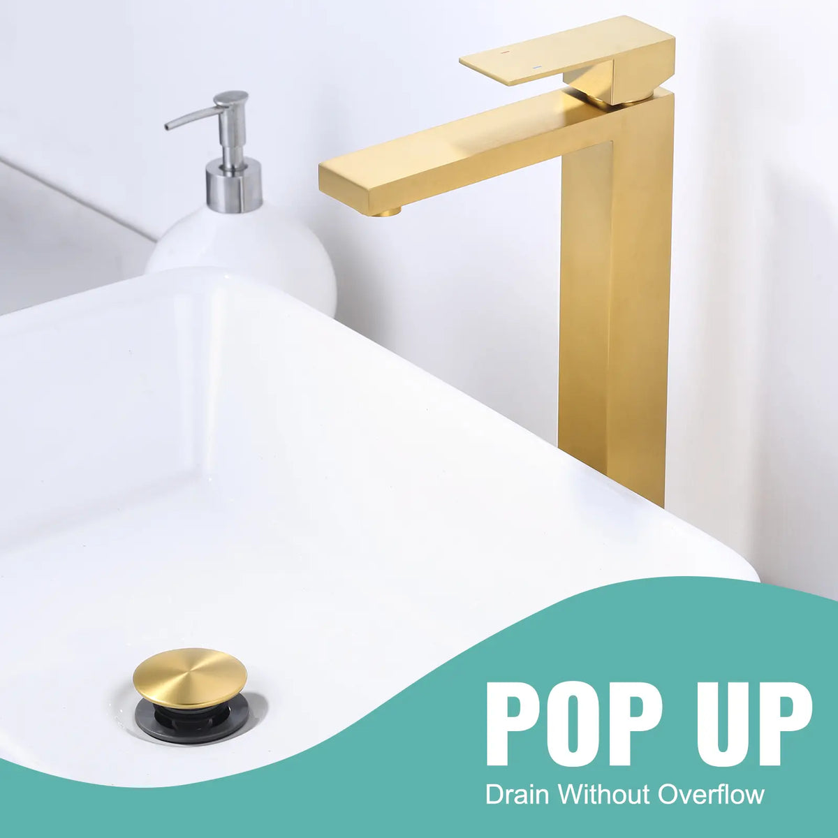 WOWOW Brushed Gold Stainless Steel Bathroom Sink Drain - Bathroom Upgrade Kit, No Overflow, Silicone Clicker Universal Stopper, Vessel Sink Fit, Easy Installation, Universal Sink Stopper