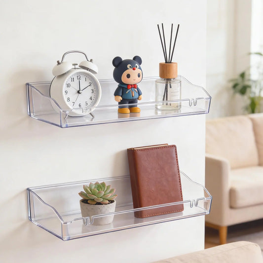 Transparent Waterproof PVC-Free Acrylic Floating Shelves - Wall-Mounted Vertical Plastic Space-Savers, Damage-Free Adhesive/Screw Installation for Indoor Renters' Bathroom, Kitchen Minimalist Home Decor