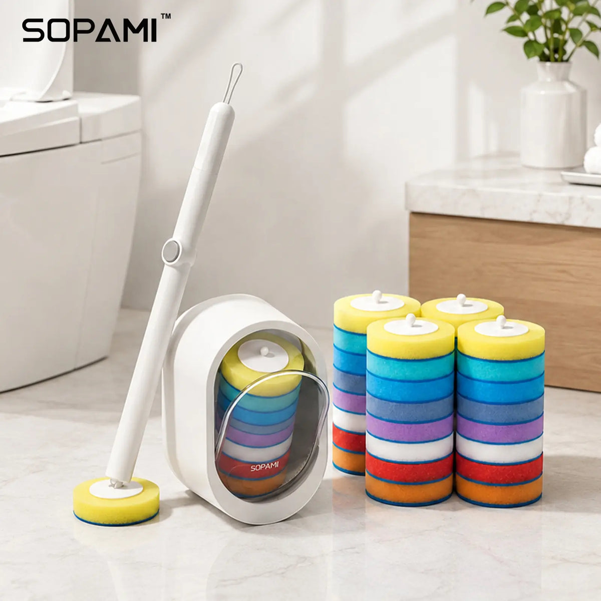 SOPAMI Disposable Toilet Scrubber Brush Kit - 1 Handle + 32 Refill Heads (16 Option Available), No-Touch Rotating Scrubber, Self-Clean Pad, Holder, Toilet Cleaning System for Under-Rim & Corners, Ideal for Busy Home Bathrooms,sohochic