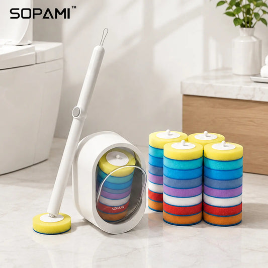 SOPAMI Disposable Toilet Scrubber Brush Kit - 1 Handle + 32 Refill Heads (16 Option Available), No-Touch Rotating Scrubber, Self-Clean Pad, Holder, Toilet Cleaning System for Under-Rim & Corners, Ideal for Busy Home Bathrooms,sohochic