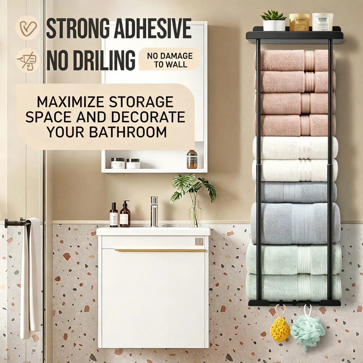 Bathroom Towel Storage Rack Wall Mounted 30 inch with Shelf Holds 6 Large Towels Black Rust Proof Durable Metal Pole for Spas Salons and Bathrooms,sohochic