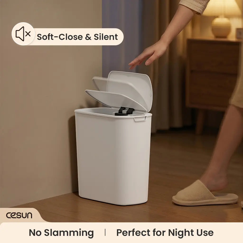 CESUN 2.6 Gal Touchless Trash Bin - Automatic Motion Sensor Plastic White Wastebasket with Lid, Smart Slim Modern Shape for Tight Spaces, Bathroom Accessories, Apartment Accessories