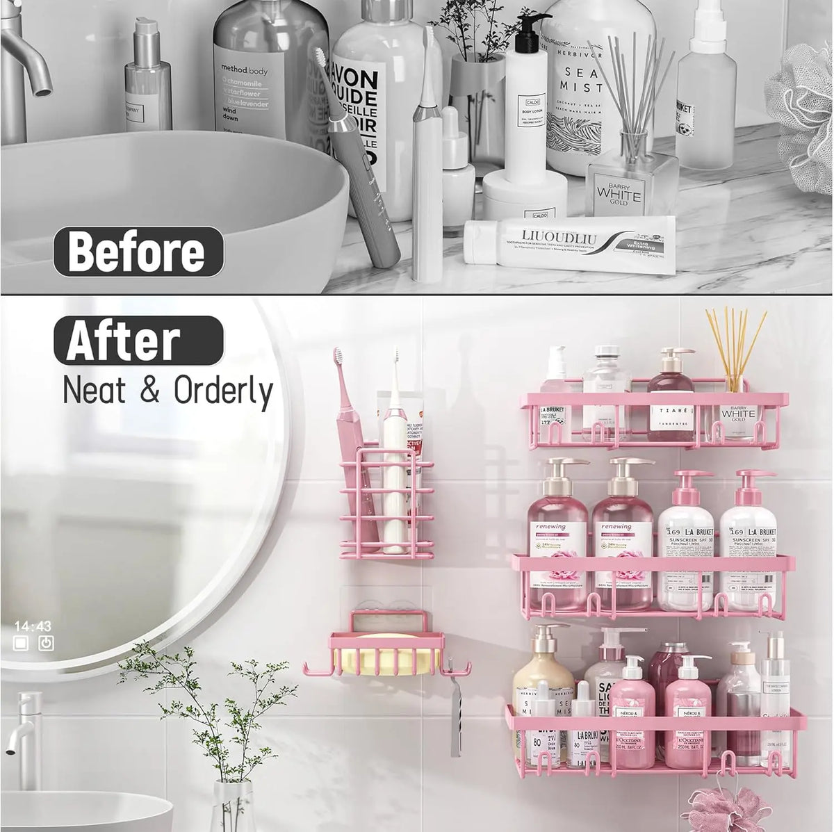 Sohochic Blush Pink 5-Piece Self-Adhesive Rust-Resistant Stainless Steel Shower Organizer Set - No-Drilling Bathroom Storage Rack for Renters, Halloween-Ready, Easy Installation with Shampoo & Body Wash Basket