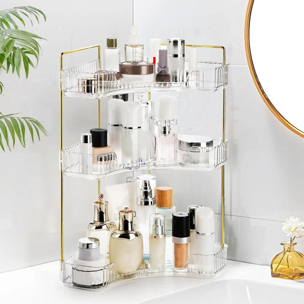 A space-saving 2/3 floor vanity corner organizer, a luxurious gold cosmetic storage rack, multi-level bathroom countertop storage, suitable for lotions, creams and other makeup tools. multi-layer beauty holder lipstick supply brush compact wristwatch