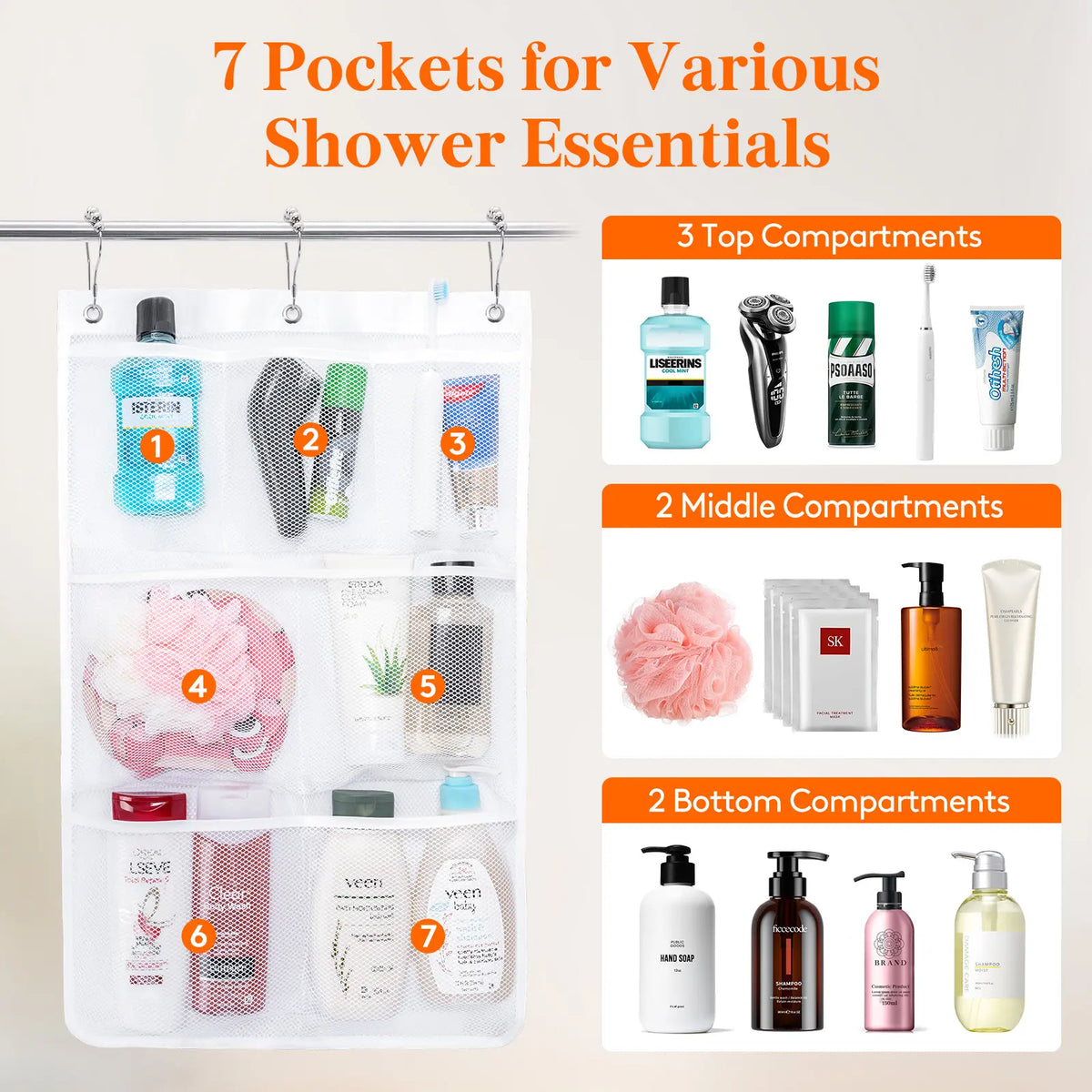 Lifewit 1 Pack Rectangular Polyester Mesh Hanging Shower Caddy - Modern Bathroom Accessory with 3 Metal Hooks & Sticky Hook, Foldable Durable Tear-Resistant Quick-Drying Breathable Portable Lightweight Space-Saver for Back-to-School Bath Storage