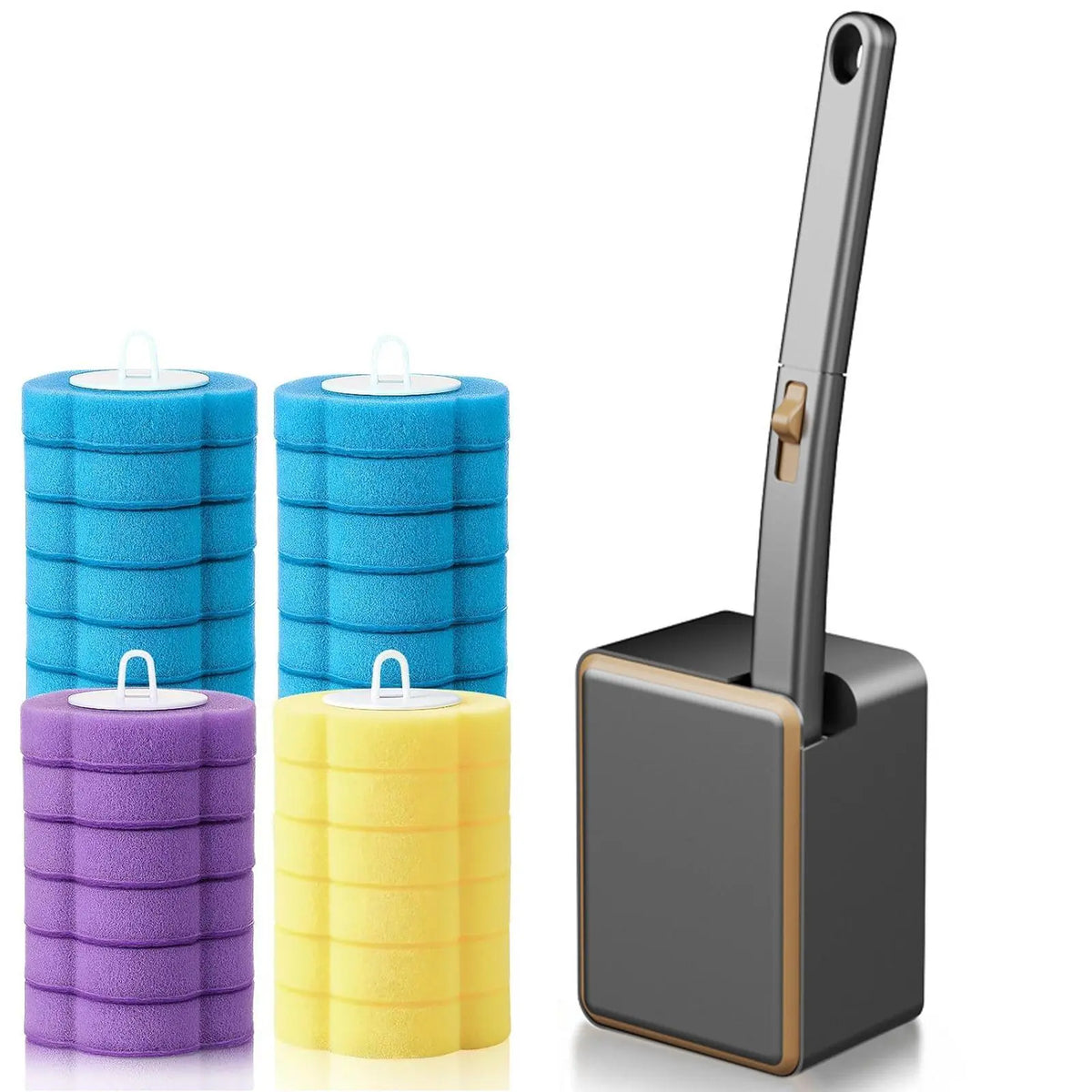 Wall-Mount Durable Toilet Brush & Plunger Set, Square Gold-Rim Black Disposable Plastic System, Compact ABS Wand with Magnetic Clamp, 24 Scented Refill Heads (Auto Flip White, Earless Gold Rim White, Long Handle for Children) for Modern Home Bathrooms, El