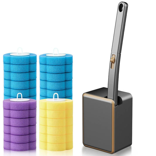 Wall-Mount Durable Toilet Brush & Plunger Set, Square Gold-Rim Black Disposable Plastic System, Compact ABS Wand with Magnetic Clamp, 24 Scented Refill Heads (Auto Flip White, Earless Gold Rim White, Long Handle for Children) for Modern Home Bathrooms, El
