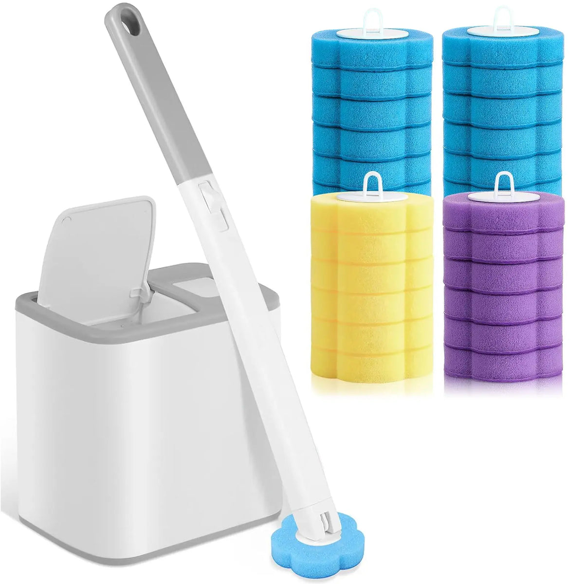 Nifogo Durable Toilet Brush Set with Wall-Mount Holder & 24 Cleaner Refills, Multifunctional Bathroom Toilet Brush & Plungers Kit for Sink, Bathtub Drain Cleaning