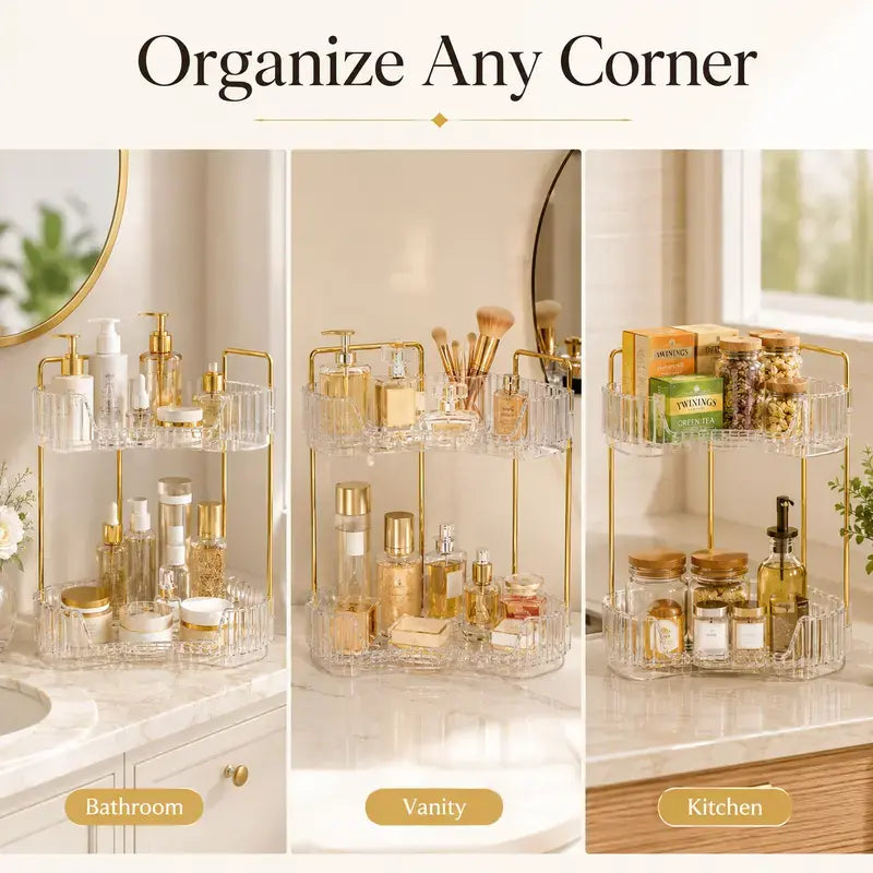 2-Tier Eco-Friendly Plastic Corner Bathroom Counter Organizer with Gold Metal Pole - 13 in Waterproof Bathroom Gadgets, Makeup Storage, Slip-Safe Vanity Tray, French Country Style Sink Holder