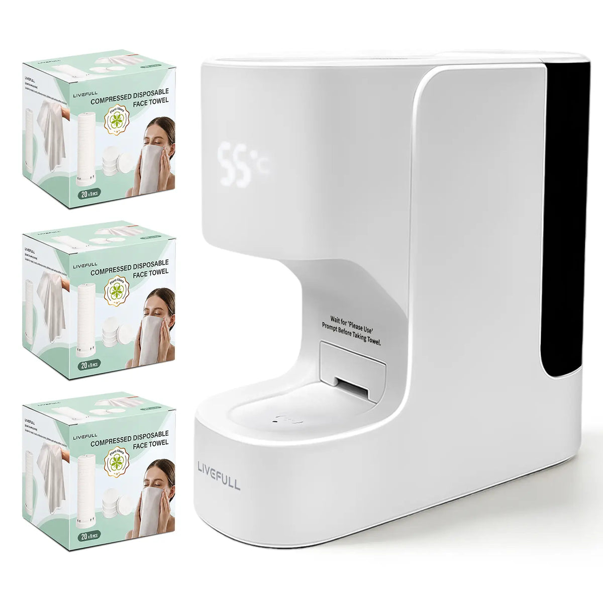 LiveFull CL01 Smart Hot Face Towel Warmer Machine, 5-Second Fast Heating, 55°C Heating System, Auto Dispensing Design, Includes 20 PCS Compressed Towels, Luxury Home Spa,sohochic