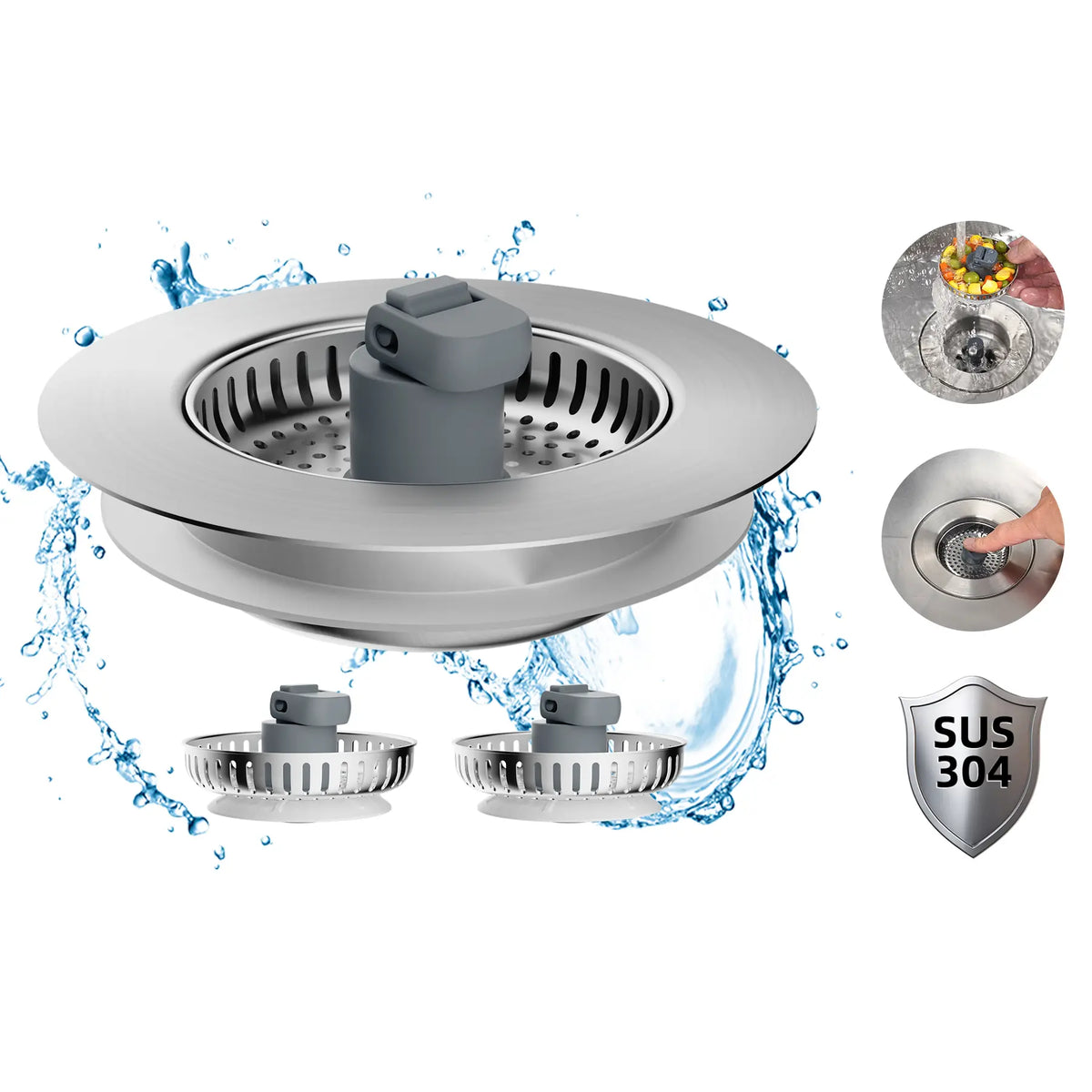 Hibbent 3-in-1: Fill, Strain, Seal Rust-Resist 304 Stainless Steel Kitchen Sink Strainer Stopper Combo - Responsive Spring Action, Pop-Up Handle, 2.76"-3.38" Width, Depth＞1.8", Anti-Clogging Filter for US Standard 3-1/2" Drains Kitchen Fixture Accessory