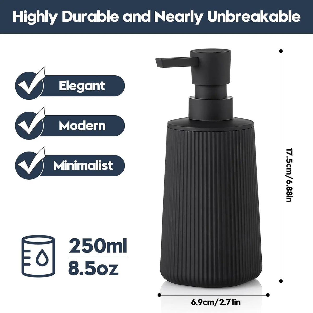 Small Soap Dispenser for Bathroom and Kitchen, Modern Farmhouse Striped Style Plastic Hand Soap Dish Soap Dispenser with Pump - Matte Black