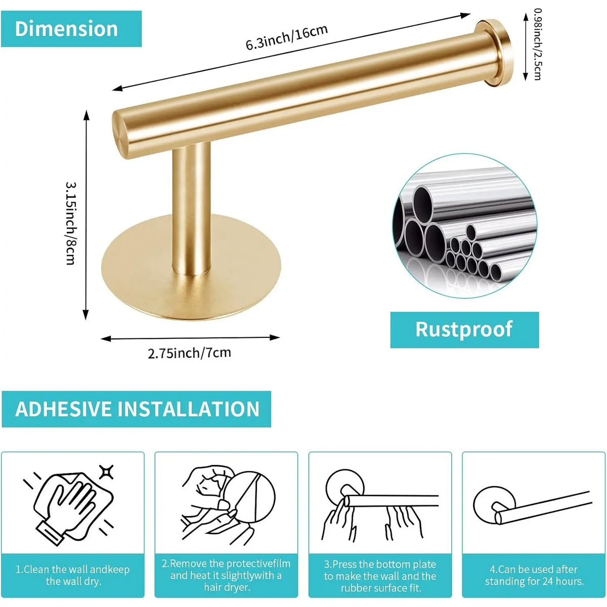 Self Adhesive Toilet Paper Holder, SUS304 Stainless Steel Rustproof Toilet Roll Holder No Drilling Adhesive Toilet Tissue Holder for Bathroom Kitchen (1, Golden)