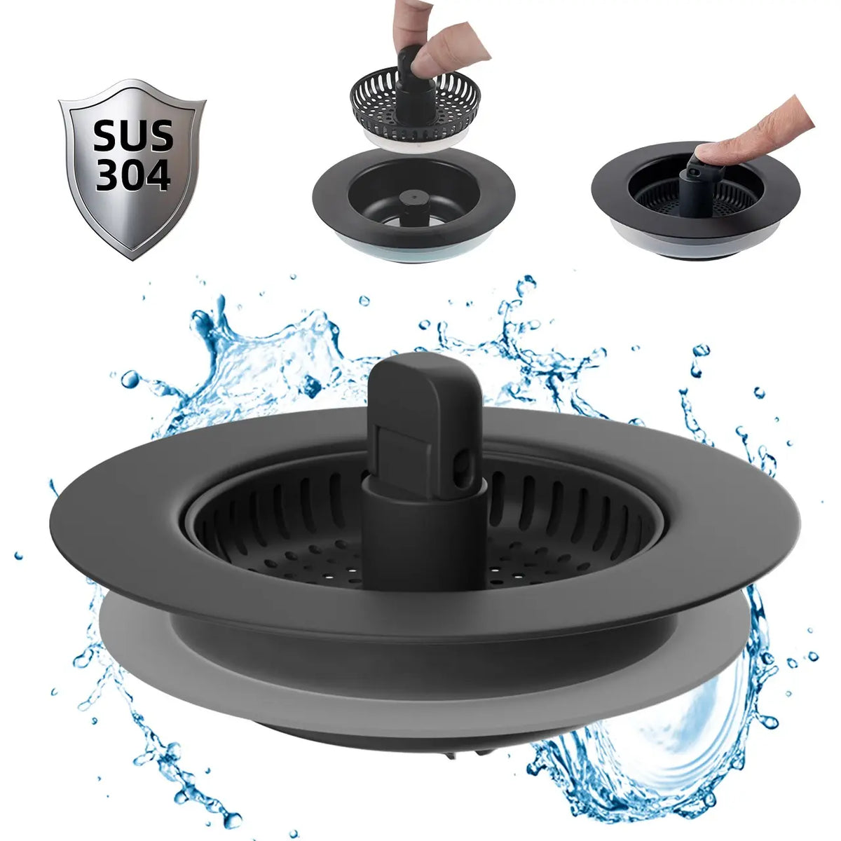 Hibbent 3-in-1: Fill, Strain, Seal Rust-Resist 304 Stainless Steel Kitchen Sink Strainer Stopper Combo - Responsive Spring Action, Pop-Up Handle, 2.76"-3.38" Width, Depth＞1.8", Anti-Clogging Filter for US Standard 3-1/2" Drains Kitchen Fixture Accessory