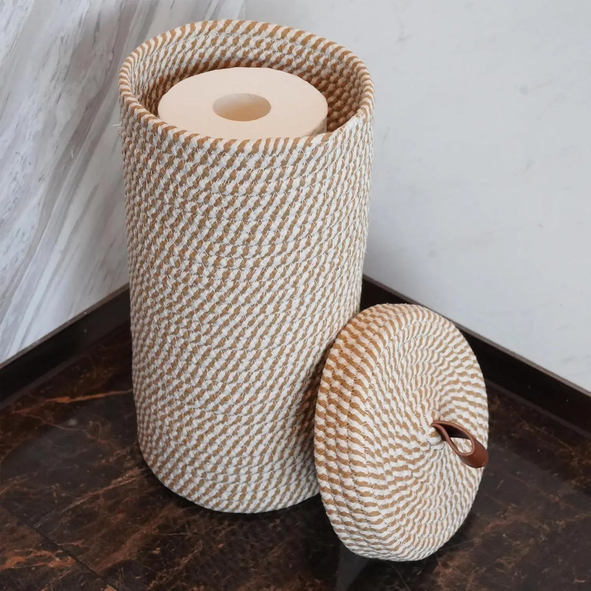 Boho Handwoven Toilet Paper Holder Basket, Independent Bathroom Storage Rack with Jute Rope Design, Bathroom Organizers, Bathroom Necessities, Bathroom Accessories, Holds 3 Extra-Large Rolls