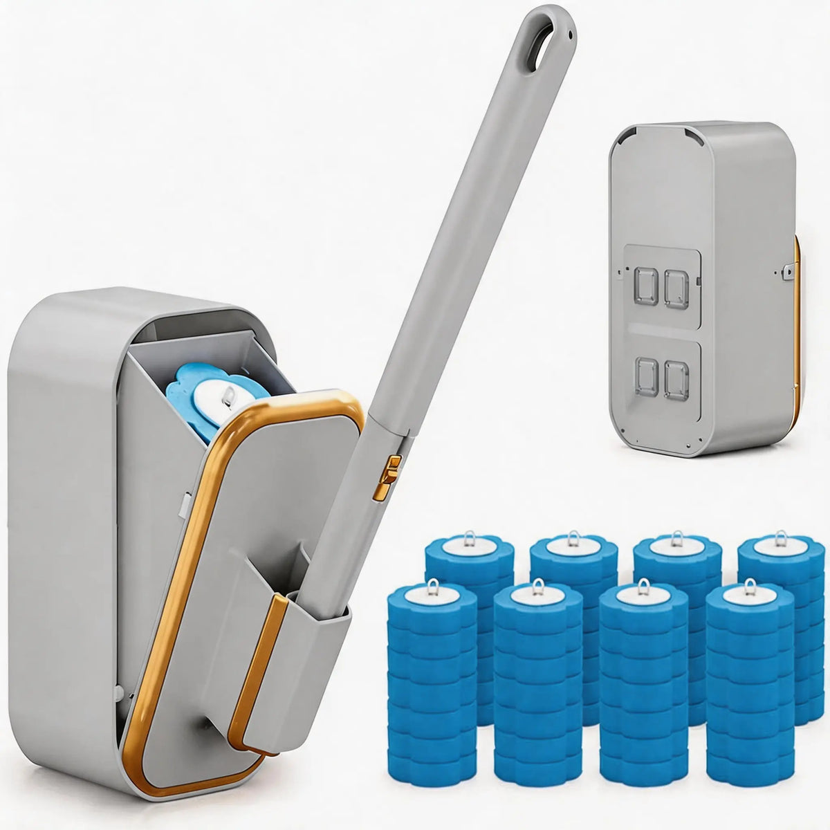 Disposable All-in-2 Toilet Brush Wand Kit with 24 Preloaded Soft Refills, Wall Mount Caddy Box, 360° Rotating Head, Long Handle, Touch-Free Disposal, 3-Layer Deep-Cleaning Sponges, ABS Rust-Stain Lift Cleaner for Daily Bathroom Organized Storage