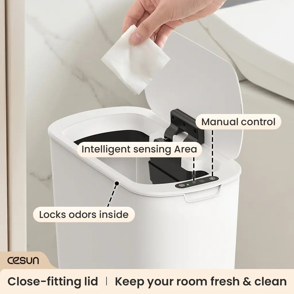 CESUN 2.6 Gal Touchless Trash Bin - Automatic Motion Sensor Plastic White Wastebasket with Lid, Smart Slim Modern Shape for Tight Spaces, Bathroom Accessories, Apartment Accessories