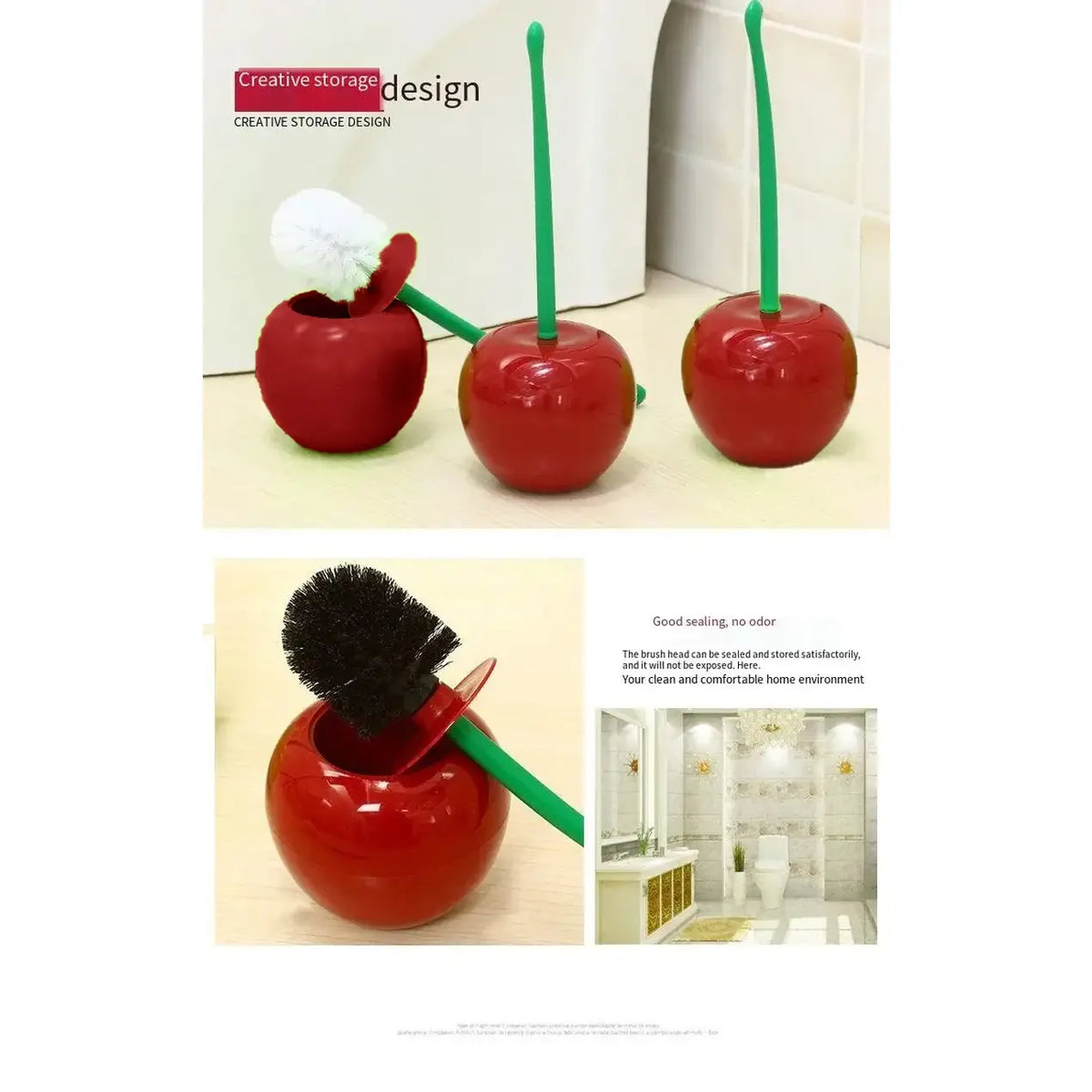 Red Lovely Cherry Lavatory Toilet Brush Holder Set - 1Pc, Thick Head, Anti-Slip Return Handle, 38x13 cm, Wine Red/Orange, 200g