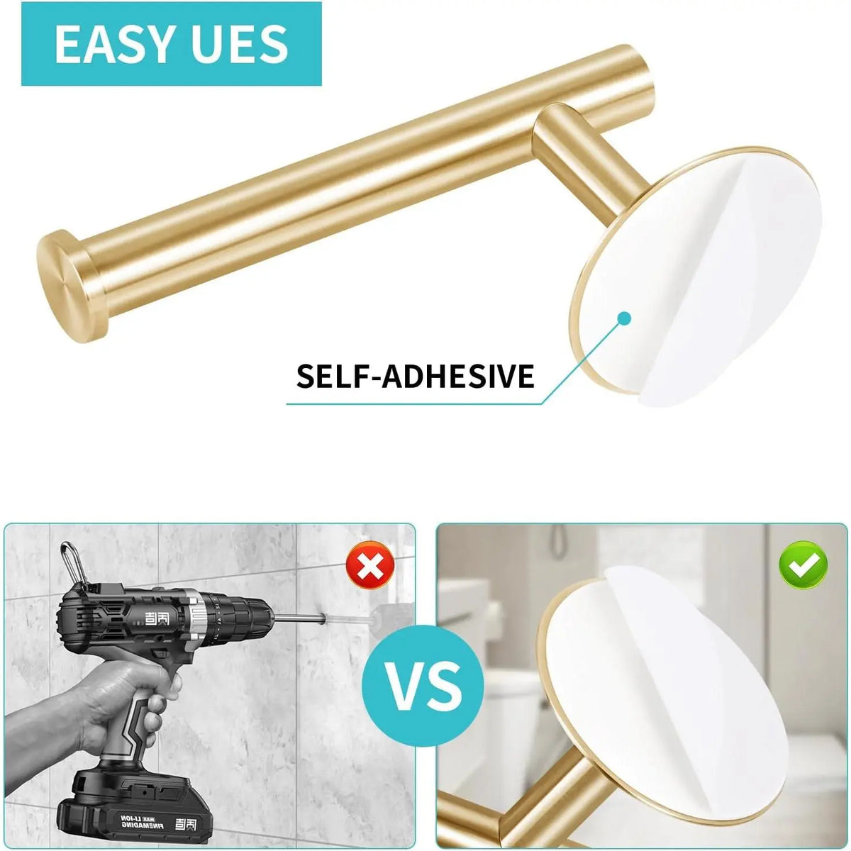Self Adhesive Toilet Paper Holder, SUS304 Stainless Steel Rustproof Toilet Roll Holder No Drilling Adhesive Toilet Tissue Holder for Bathroom Kitchen (1, Golden)