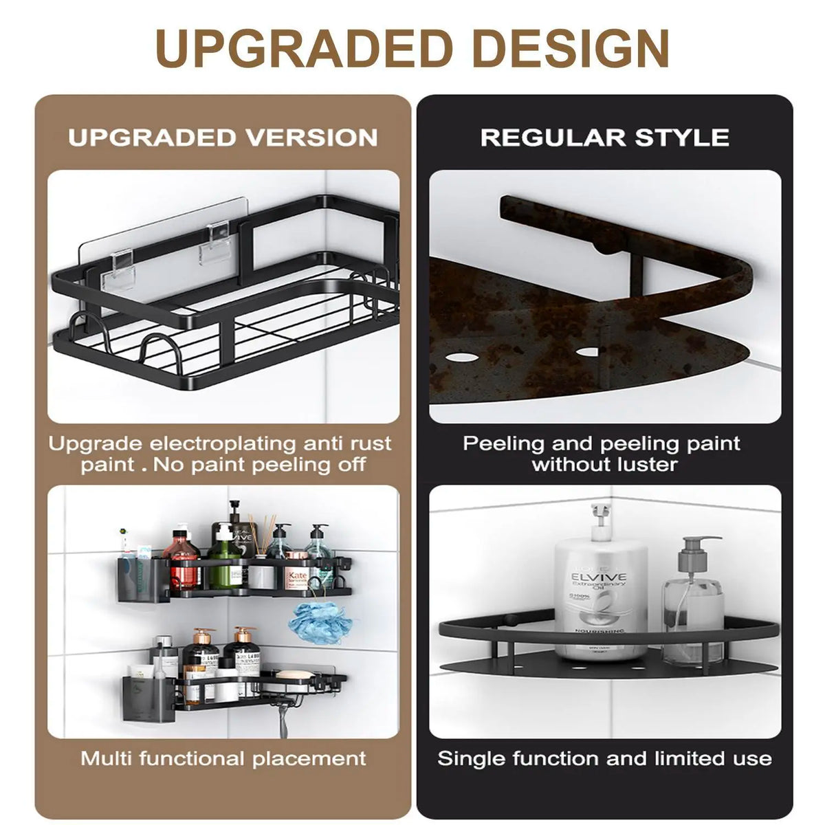 Modern L-Shape Black Stainless Steel Corner Shower Organizer Set - 5-Piece Wall-Mount Bathroom Shelves & Accessories, No-Drill 3-Tiered Racks with Hooks & Toothbrush Holder, Anti-Rust Coating, 40lb Capacity Bathroom Necessities