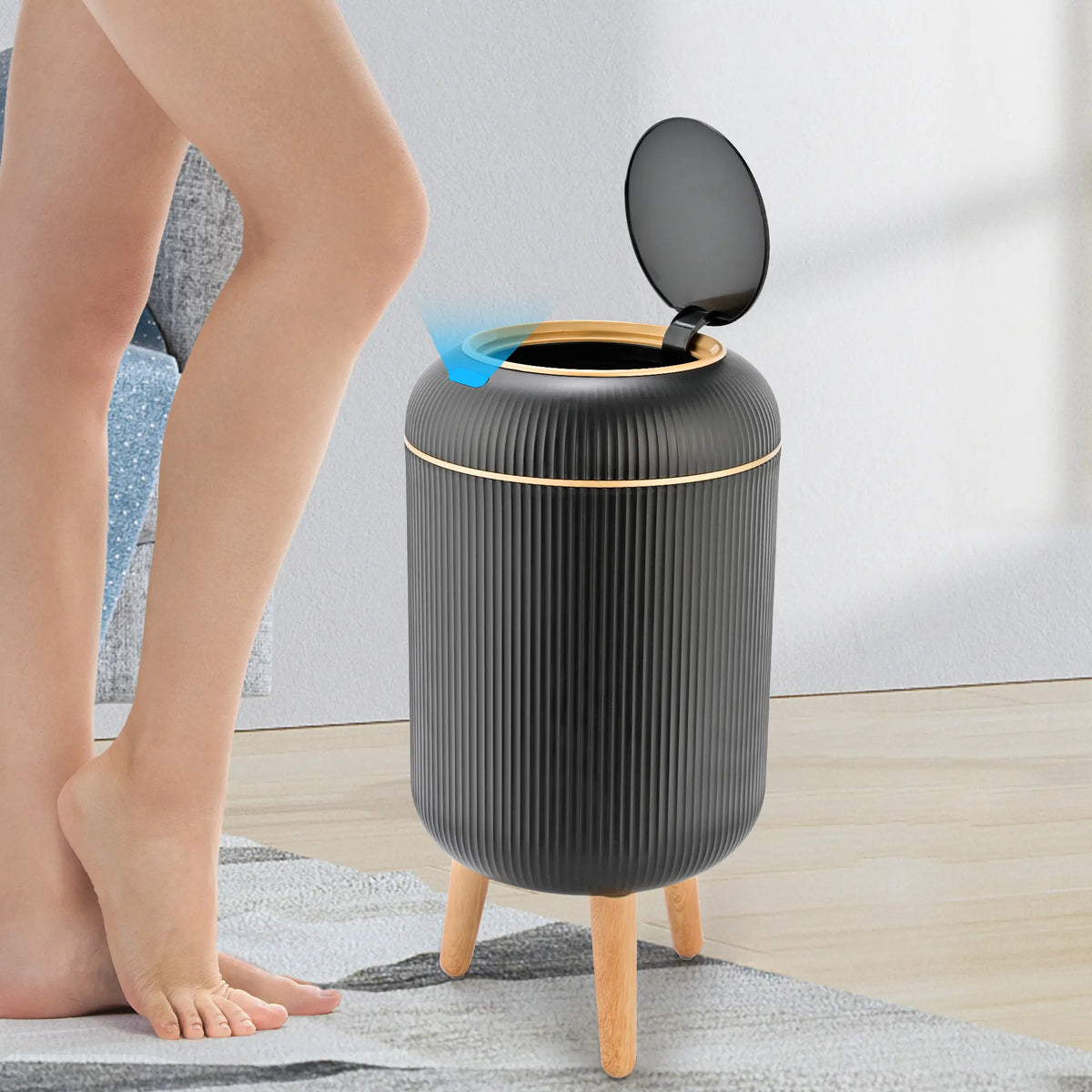 Pukomc PVC Narrow Oval Smart Garbage Can - Touchless Motion Sensor Open Dustbin with 4-Point Steady Base, Waterproof Rinseclean Surface, Modern Slim Bathroom Fit, Kitchen Trashcan for Indoor Use