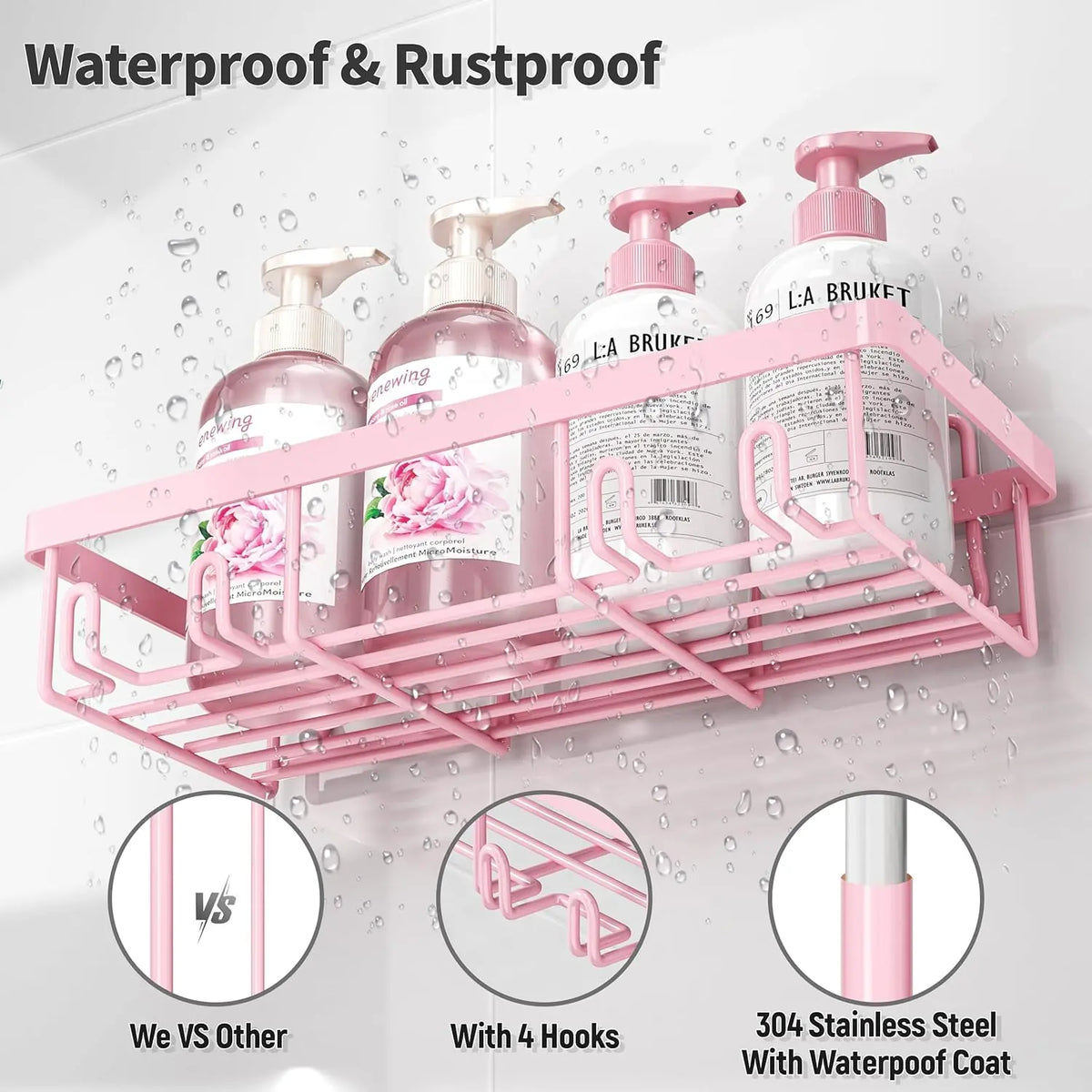 Sohochic Blush Pink 5-Piece Self-Adhesive Rust-Resistant Stainless Steel Shower Organizer Set - No-Drilling Bathroom Storage Rack for Renters, Halloween-Ready, Easy Installation with Shampoo & Body Wash Basket
