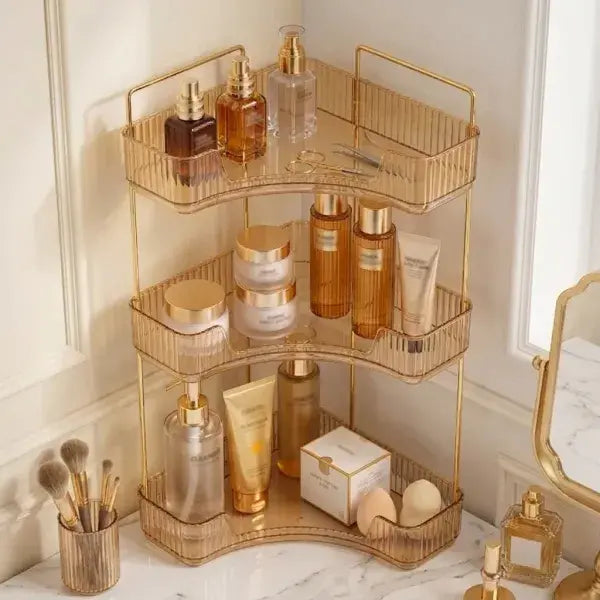 A space-saving 2/3 floor vanity corner organizer, a luxurious gold cosmetic storage rack, multi-level bathroom countertop storage, suitable for lotions, creams and other makeup tools. multi-layer beauty holder lipstick supply brush compact wristwatch