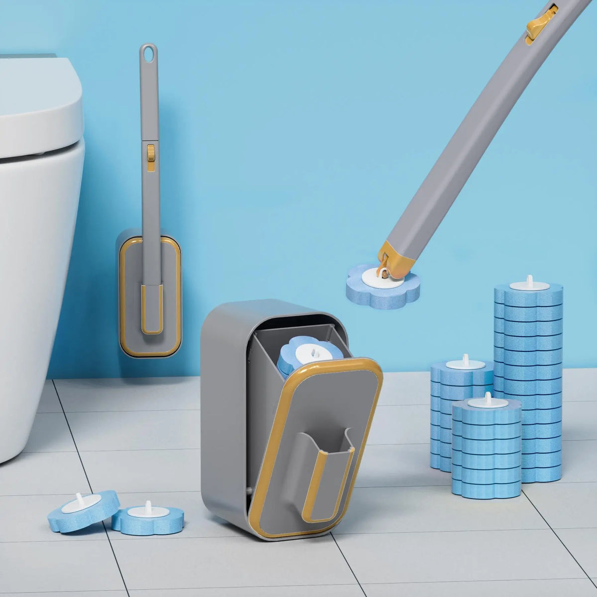Wall-Mounted Toilet Brush Set with Reusable Holder, Bathroom Cleaning Tool Including 24/48/72 Disposable Replacement Brush Heads