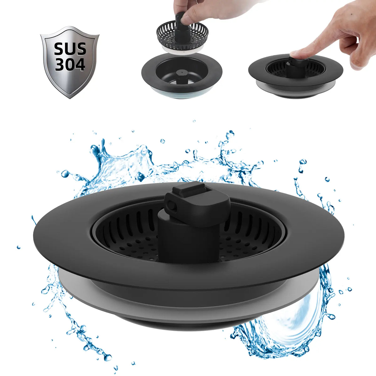 Hibbent 3-in-1: Fill, Strain, Seal Rust-Resist 304 Stainless Steel Kitchen Sink Strainer Stopper Combo - Responsive Spring Action, Pop-Up Handle, 2.76"-3.38" Width, Depth＞1.8", Anti-Clogging Filter for US Standard 3-1/2" Drains Kitchen Fixture Accessory