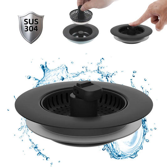 Hibbent 3-in-1: Fill, Strain, Seal Rust-Resist 304 Stainless Steel Kitchen Sink Strainer Stopper Combo - Responsive Spring Action, Pop-Up Handle, 2.76"-3.38" Width, Depth＞1.8", Anti-Clogging Filter for US Standard 3-1/2" Drains Kitchen Fixture Accessory
