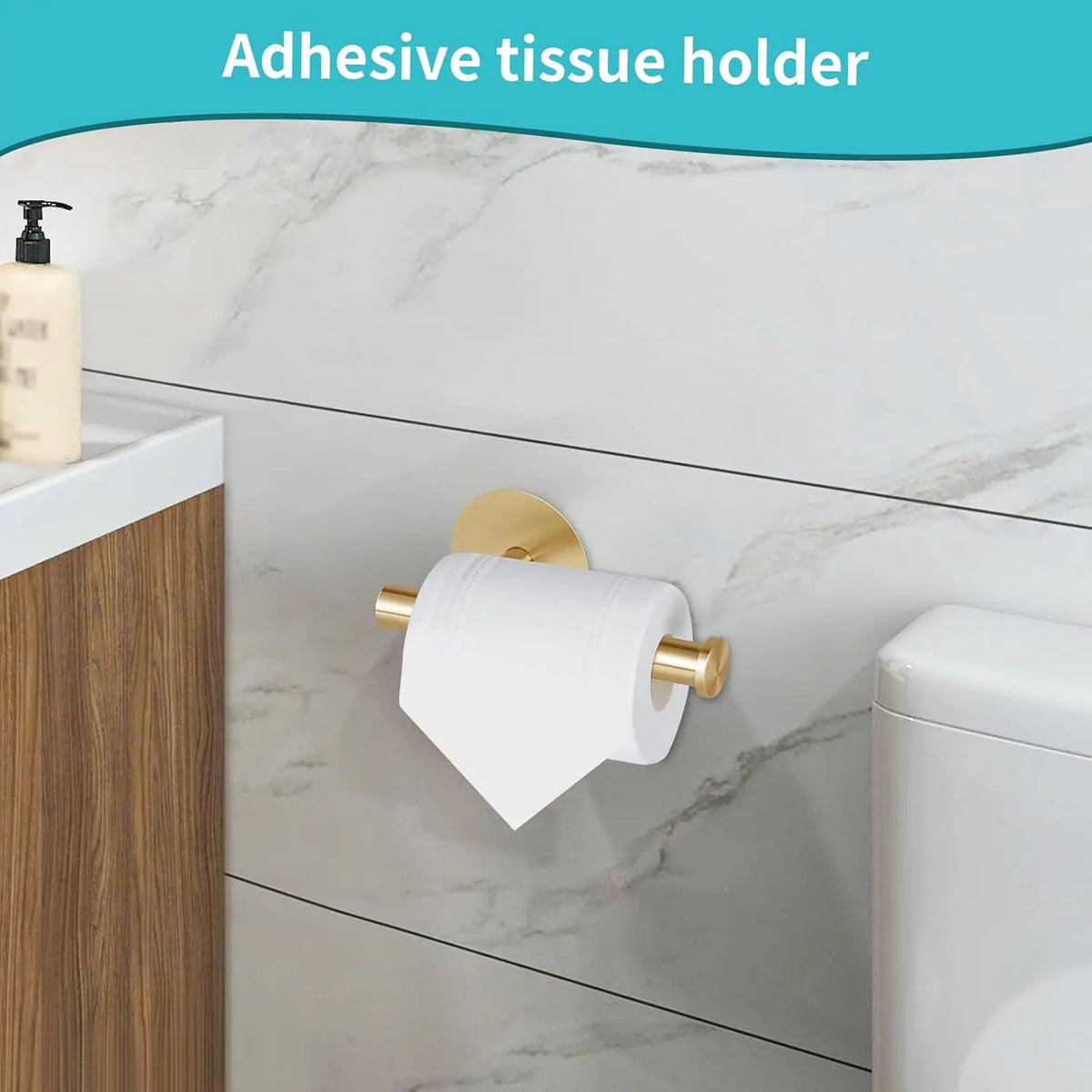 Self Adhesive Toilet Paper Holder, SUS304 Stainless Steel Rustproof Toilet Roll Holder No Drilling Adhesive Toilet Tissue Holder for Bathroom Kitchen (1, Golden)