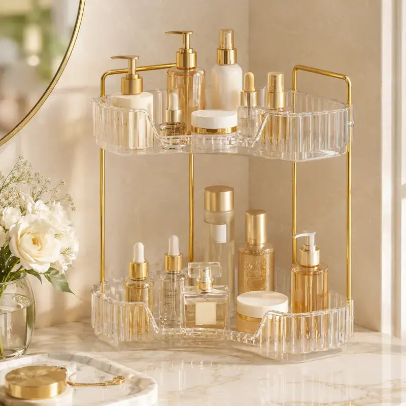 2-Tier Eco-Friendly Plastic Corner Bathroom Counter Organizer with Gold Metal Pole - 13 in Waterproof Bathroom Gadgets, Makeup Storage, Slip-Safe Vanity Tray, French Country Style Sink Holder