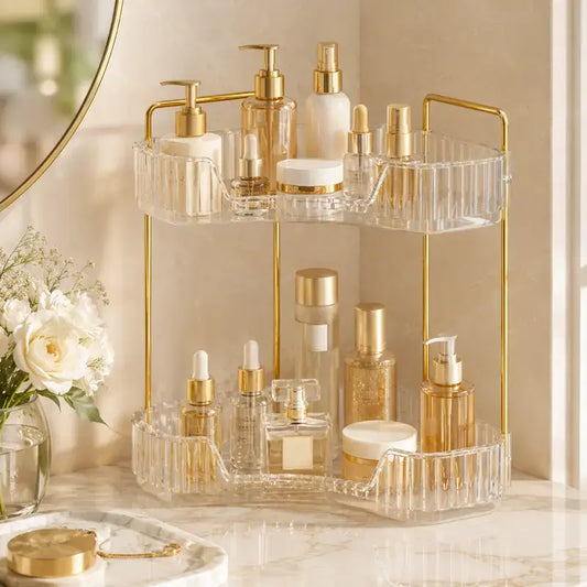2-Tier Eco-Friendly Plastic Corner Bathroom Counter Organizer with Gold Metal Pole - 13 in Waterproof Bathroom Gadgets, Makeup Storage, Slip-Safe Vanity Tray, French Country Style Sink Holder
