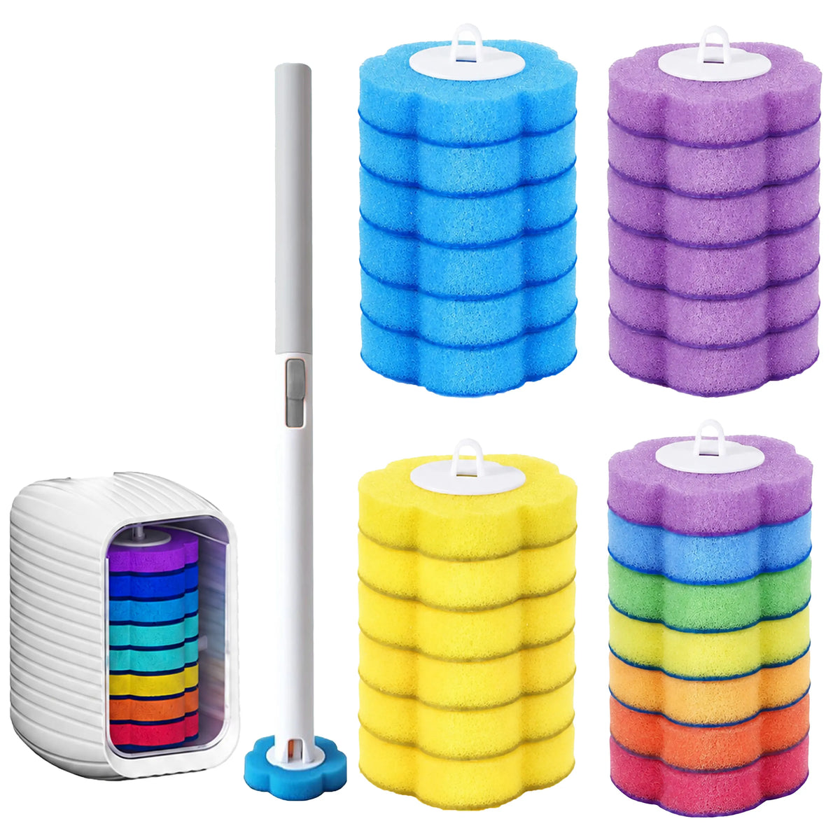 Nifogo Durable Toilet Brush Set with Wall-Mount Holder & 24 Cleaner Refills, Multifunctional Bathroom Toilet Brush & Plungers Kit for Sink, Bathtub Drain Cleaning