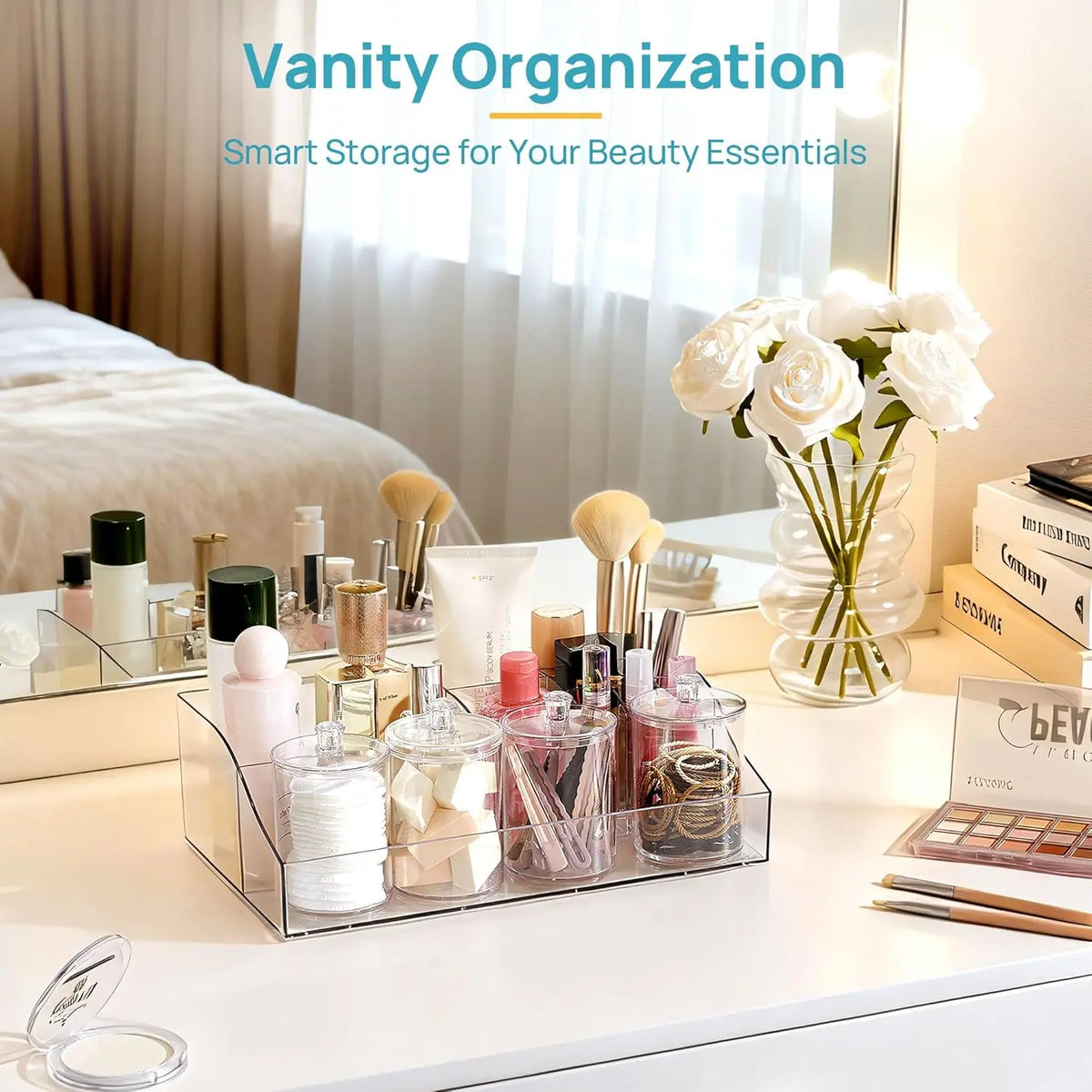 Vtopmart 6PCS Modern Bathroom Vanity Storage Containers - 1 Divided Tray, 4 Qtip Jars, 1 Drawer - Family-Friendly Organizer for Toothbrush, Cotton Pads, Accessories
