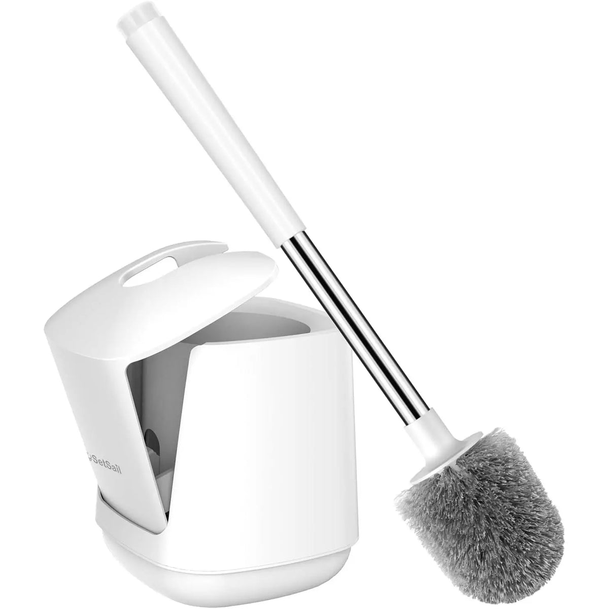 Toilet Brush and Holder, Self Closing Lid Toilet Bowl Brushes Holder and Extra Long Handle Ventilated Toilet Brush Set for Bathroom Cleaning, Nylon Bristles, White & Grey